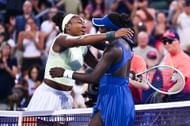 Coco Gauff (left) hugs Victoria Mboko (right) after the end of their fourth-round match at the 2025 National Bank Open in Montreal (Source: Getty)